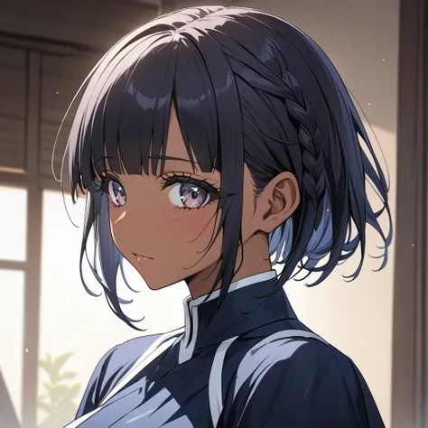 ((Highest quality)), ((masterpiece)), (detailed), （Perfect Face）、The woman is Reika Aoki, a black woman with dark skin and short hair, braided into small braids and slicked back.