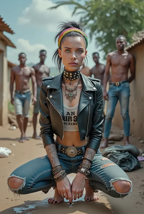 russian milf woman, grey  hair (top bun, shaved sides), colourful bandana as headband, with very light blue eyes, extremely pale skin. Wearing tight cropped aged black moto jacket studded collar) with lots of zippers and pins, flipped up collar. Worn skinn...