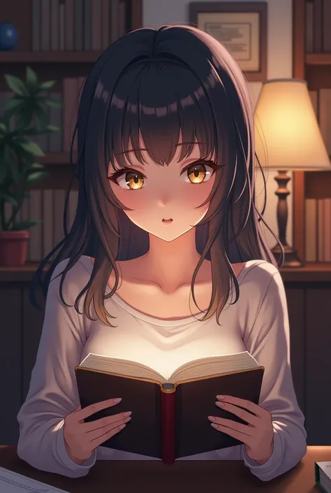 An anime woman was reading a book 