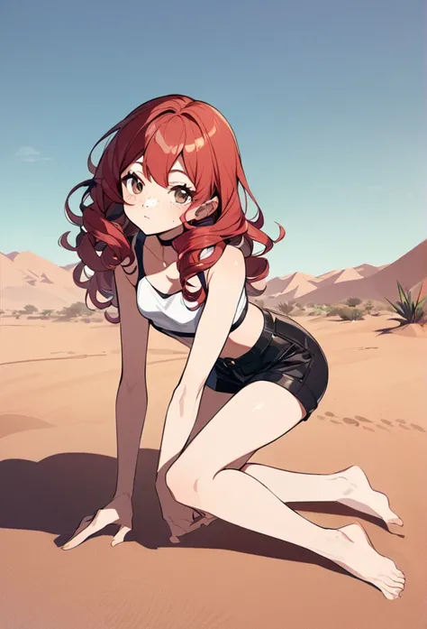 A woman, 2, red hair, curly hair,((( very brown eyes))), crop top, desert background, freckles, small breast, black shorts, legs