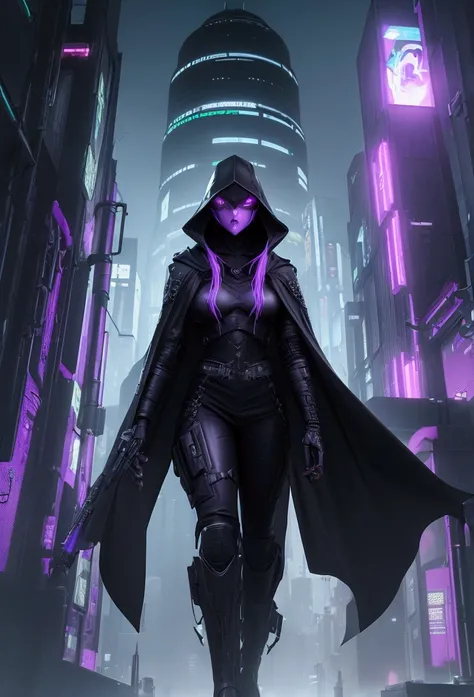 A striking 3D render of a dark fantasy cybersecurity scene, featuring a mysterious figure wearing a hooded cloak and a futuristic, cyberpunk-inspired helmet. The figure is surrounded by glowing purple and green lines of code, symbolizing their cybersecurit...