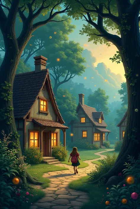 A quaint village nestled deep within a vibrant, enchanted forest. As the sun dips below the horizon, casting long, dancing shadows, a young villager discovers their pantry is empty. Strange, glowing orbs float mysteriously outside, leaving behind a trail o...