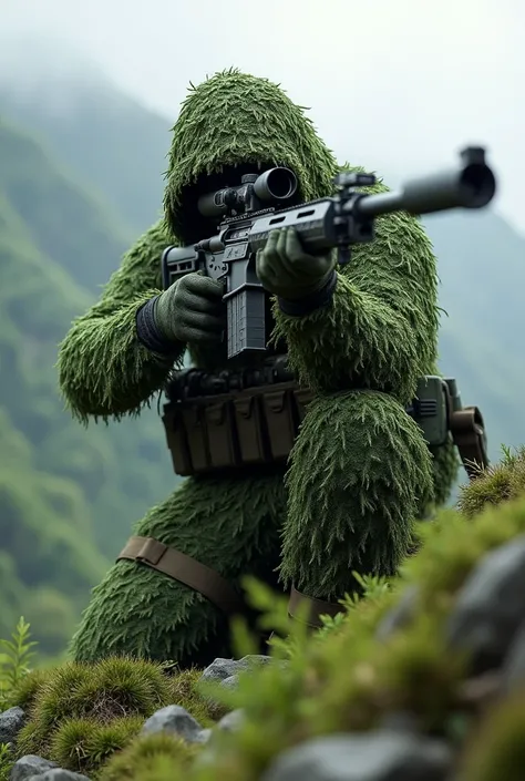 Image of a sniper in ghillie suit with a sniper rifle in his hand on top of a green mountain camouflaged in the bush