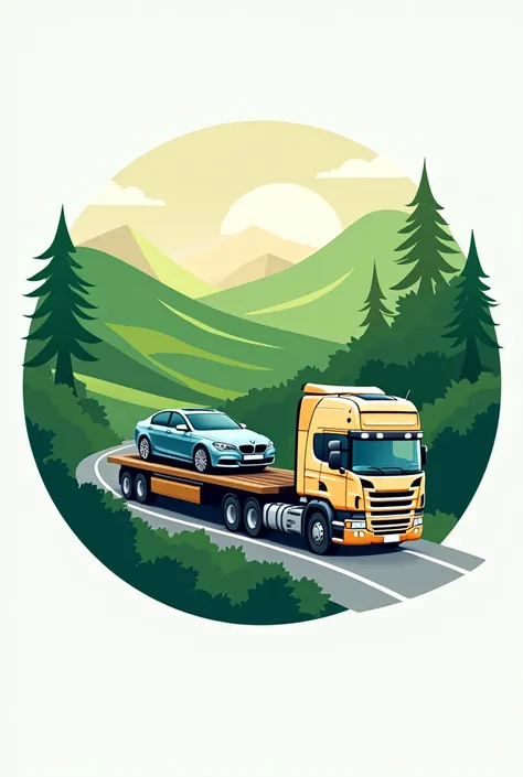 logo of a transport company with the acronym TMR With a truck carrying a car in the background. greenery background 