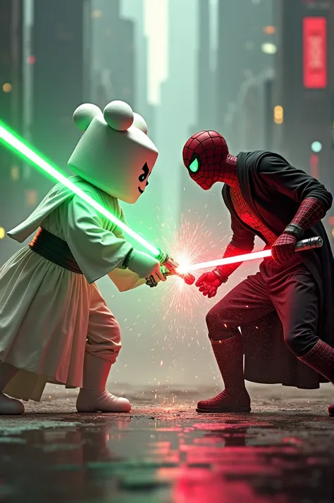 DJ Marshmallow Jedi with Green Saber vs Spiderman Sith with Red Saber