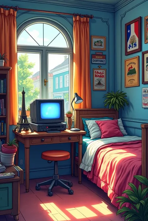 Easy drawing of a 90s teenager&#39;s bedroom with video game references and references to France 