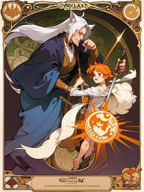 Mucha style , furry , Adventure fantasy, the magician old silver wolf , with the droopy-eared swordsman orange rabbit girl , The Swordsman supports the Magician while he is casting a spell.