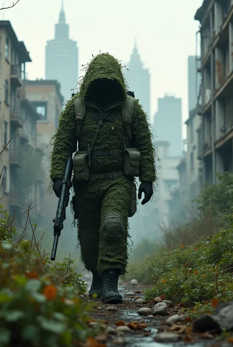 Image of a sniper in ghillie camouflage heading towards a post-apocalyptic city 