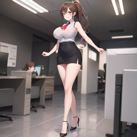 masterpiece, Highest quality, High resolution, （One Woman）、Brown Hair、Ponytail hairstyle、1990s (style),、(Big Breasts)、tall 、Slim figure、Beauty Office Lady、（Appearing to be working）、Black mini skirt、White sleeveless shirt、High heels、Black innerwear、Backgrou...