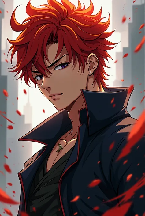 Male character with red hair and black eyes and anime style 