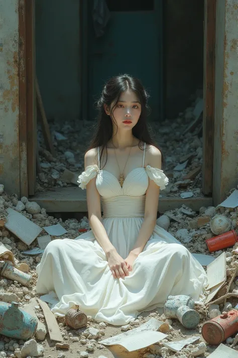 An Asian princess in a white dress sits amidst a pile of garbage.