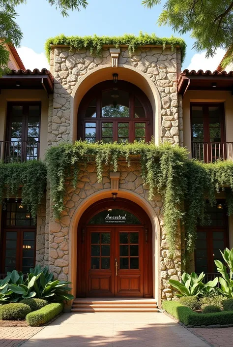 realistic photo, Full facade of a gourmet restaurant in modern Colombian colonial style, with huge windows, High ceilings, Main materials rustic rock and carved wood, high entrance door, with lots of trees and plants around and green areas and a sign that ...