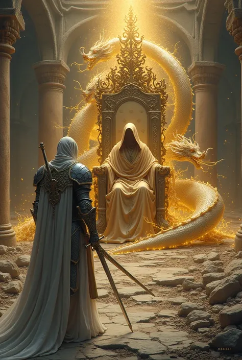 The knight, wearing silver dragon armor and holding a sword, walks towards a throne full of thorns.，The thorns shine with golden light，On the throne sat a pagan in a hood and golden garments.，The entire palace was in pieces.，A silver Chinese dragon is wrap...