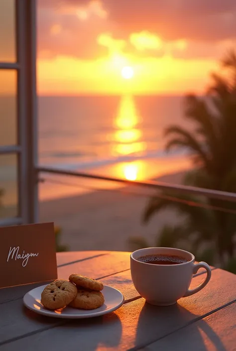 Realistic image of a terrace with a table, a cup of coffee with milk and cookies accompanied by a note that says for Mairym. In the background a beach with a beautiful sunset