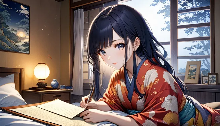 anime, A beautiful young Japanese woman with long black hair, soft moonlight illuminating her face, The background has a summery atmosphere, cozy bedroom setting, romantic and tranquil atmosphere, photorealistic, Highly detailed Ukiyo-e, Japanese painting,...