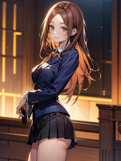 One person, Chestnut Hair, Bobcut,Half Up Hair,Large Breasts, smile, Droopy eyes, quiet,perspective, height: 165cm,High School Uniform,Navy Blue Blazer,White blouse,Orange ribbon tie,Gray knee-length flared skirt,Anime Style,Knee-length skirt,Healthy sex a...