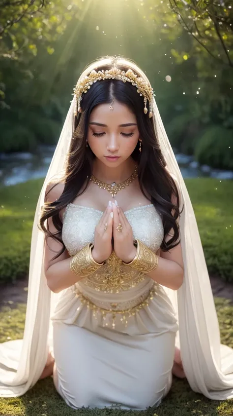 a stunningly beautiful woman kneeling in prayer, elegant white dress with gold embroidery, long dark hair, delicate golden headband, serene mystical setting, soft beams of light, halo effect, tranquil garden with blooming flowers and pond, subtle golden pa...