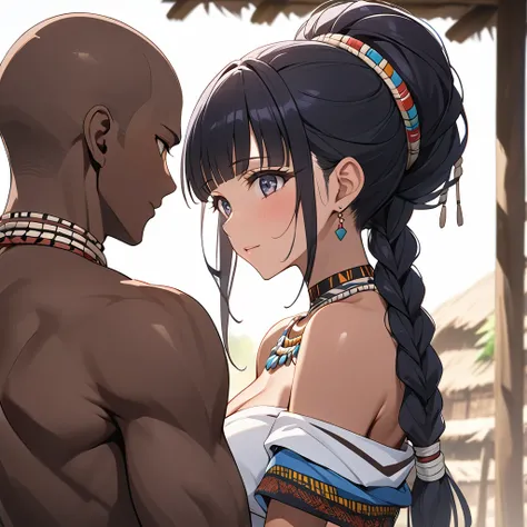 ((Highest quality)), ((masterpiece)), (detailed), （Perfect Face）、The woman is Reika Aoki, a black woman with dark skin, medium-long hair, which she braids into small braids and wears slicked back.、A woman is getting married to a tribal man in an African tr...