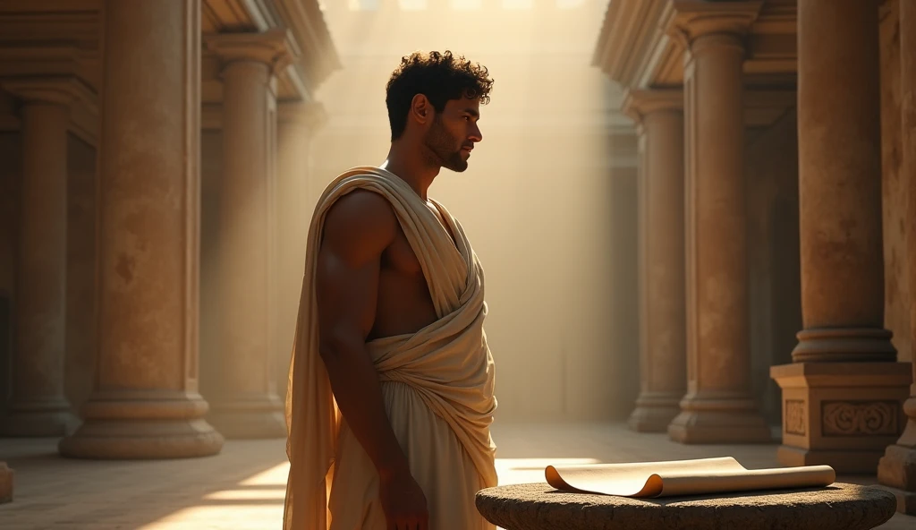 In a Roman atrium bathed in morning light, the young Stoic philosopher stands tall, his chest rising as he takes a deep breath. His eyes are focused and determined, no longer clouded by confusion. The light illuminates his face, emphasizing his renewed res...