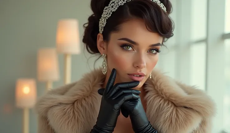 Create a YouTube cover photo thumbnail for a song titled Caigo en Ti (Fall Into You). The thumbnail features a realistic glamorous woman with an elegant updo hairstyle, adorned with a bejeweled headband. She is wearing a luxurious fur coat and long leather...