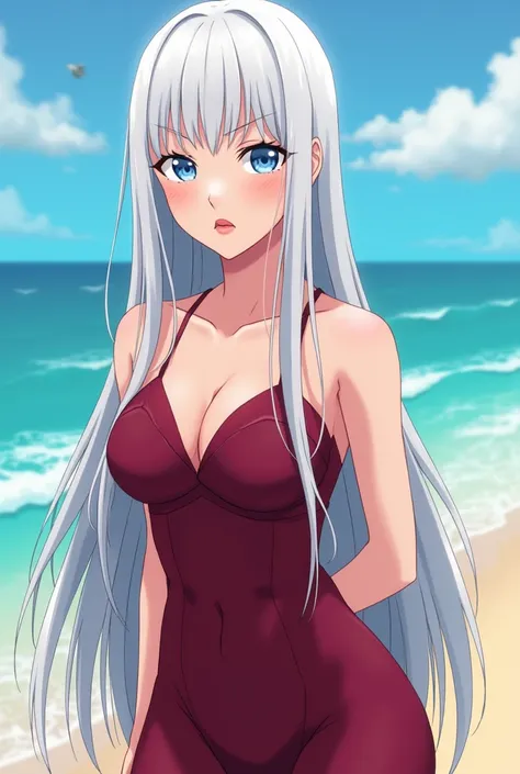 One piece anime animation style:attractive 1 woman, very serious expression,long straight white hair, pink cheeks,lips a little red,blue eyes, very long white eyelashes small forehead, tall and slim silhouette with a large bust,wearing a traditional wine r...