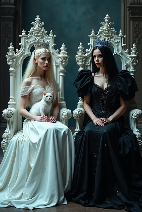 (full body shot:1.3) woman in a white dress sitting on a white coloured throne with a sparkling crown, white cat sitting in her lap,an elegant gothic princess, white gothic princess portrait, beautiful vampire female queen, her crown has pink sparkling cri...