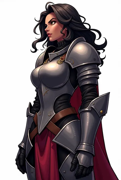 d&d, black female, Loose and wavy hair, heavy medieval armor that covers the entire body, Elsword, two tone lighting, hight contrast, dramatic light and shadow, Dramatic resources, color palette Vibrantes, white background, traditional comic art, cartoon a...