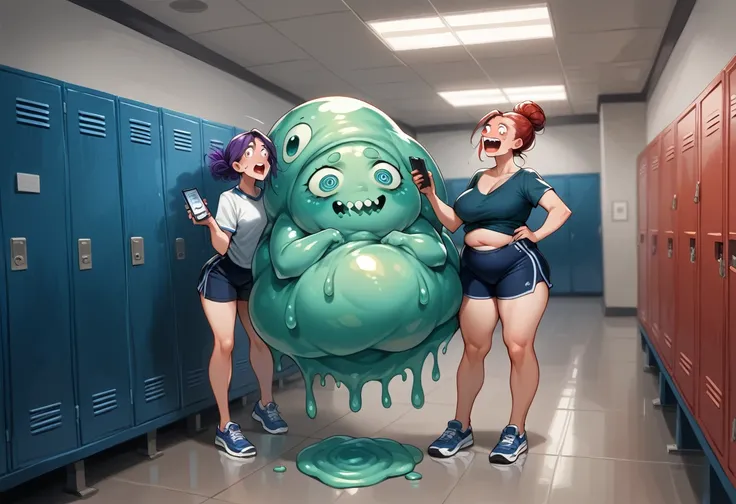 (slime vore) Three gorgeous women (varied height, varied weight, varied race, dressed appropriate to the scene, crazy hairdo, crazy jewelry, tend towards fit and hourglass figure) they are scared and struggling a steamy womens locker room, being caught by ...