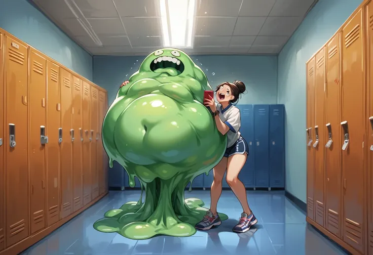 (slime vore) Three gorgeous women (varied height, varied weight, varied race, dressed appropriate to the scene, crazy hairdo, crazy jewelry, tend towards fit and hourglass figure) they are scared and struggling a steamy womens locker room, being caught by ...