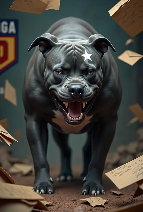 A big strong dark grey pitbull dog, Jumpy face, snarling, showing teeth, Jumpy, around one of the dogs&#39;the eyes a white star is tattooed. written envelopes, a logo or shield for a team 