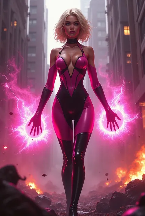 Seductive and Beautiful young woman with a soul of pure evil and hatred. Alluring shorthaired blonde supervillainess with energy blast powers.  Attacking a city snd killing random people.  A sinister smirk crosses her glossy lips.  Skintight pink and black...