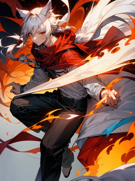 1male, Adult, Long White Hair, White Baggy Long Sleeve Shirt, Baggy Black Pants, Red Eyes, Red Scarf, Earring, Masculine, Dog Ears, Surrounded By Flames, Wolf, Single Hair Braid