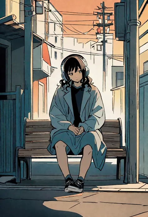 Anime style illustration of a boy sitting on a city bench. he長い間, She has light wavy hair and is wearing headphones. he、Dressed casually with a dark shirt and loose coat over his clothing。. In the background there is a street with buildings and utility pol...