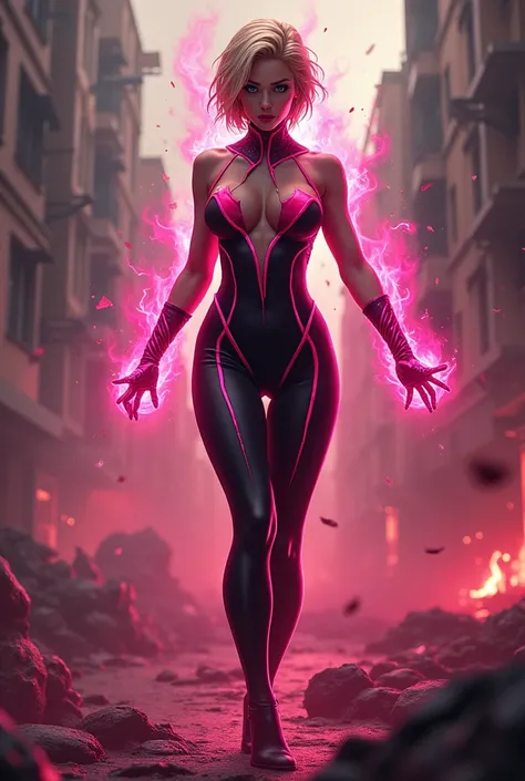 Seductive and Beautiful young woman with a soul of pure evil and hatred. Alluring shorthaired blonde supervillainess with energy blast powers.  Attacking a city snd killing random people.  A sinister smirk crosses her glossy lips.  Skintight pink and black...