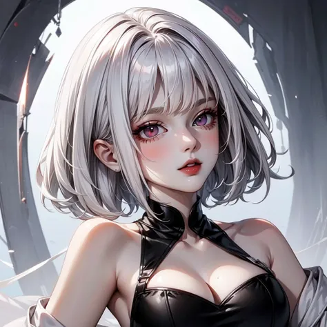 1 girl, red and black heterochromatic eyes, short hair, White hair, , Long hair, medium breasts, short fitted black dress