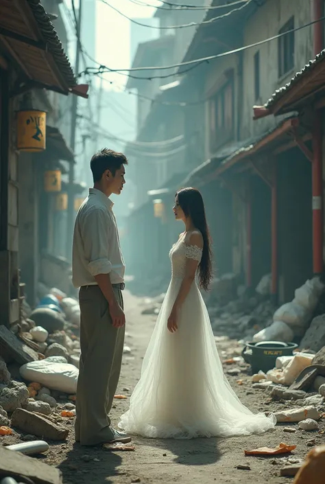 Asian man sees Asian princess in white dress among garbage