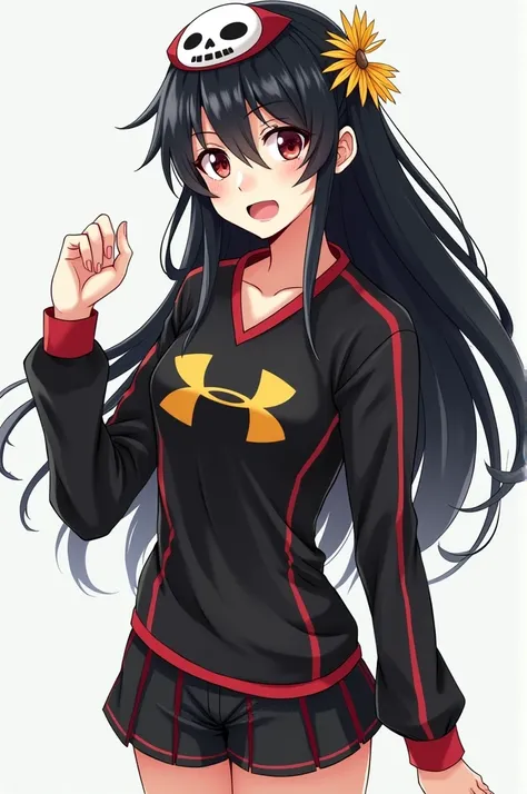 Character from the anime my hero academia, gender woman, long black hair, using a skull and sun flower deadema, Red eyes, wearing the UA sports uniform from my hero academia