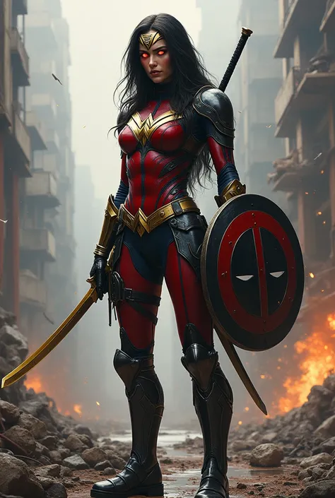 (photorealism:1.2),A cinematic, hyperrealistic painting in the style of Alex Ross, depicting a fusion of Wonder Woman and Deadpool standing on the ruins of a destroyed city. The character is wearing a sleek, black and red armor, with a golden lasso-katana ...