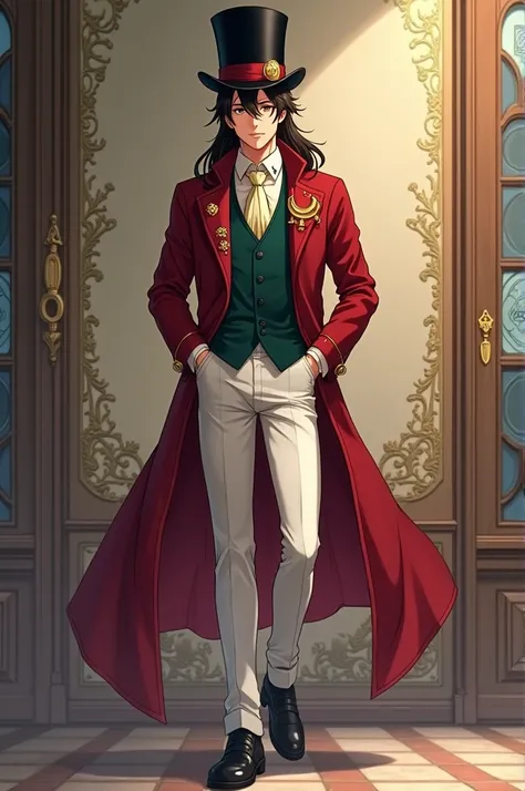 handsome, fair-skinned man with long dark brown hair. He has amber eyes, a tall and slender body with a nice build. his main outfit consists of a dark jade-green vest, a cream colored dress shirt, a long, velvety red coat with gears accessorized on it, alo...