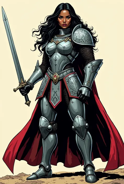 Create a black female warrior with long, wavy black hair. She wears a full heavy armor that covers her entire body, holding a short sword in one hand. Her pose is heroic and dynamic, fitting for a comic book illustration. The style is inspired by tradition...