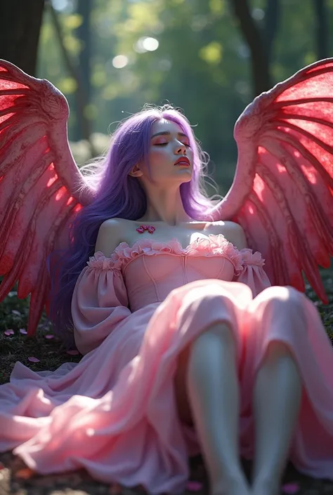 Korean purple hair butterfly woman lying on the ground with big pink wings with blood with wings with blood wings with blood wings with blood dressed in pink outfit and blood wings on wings blood on wings In forest 