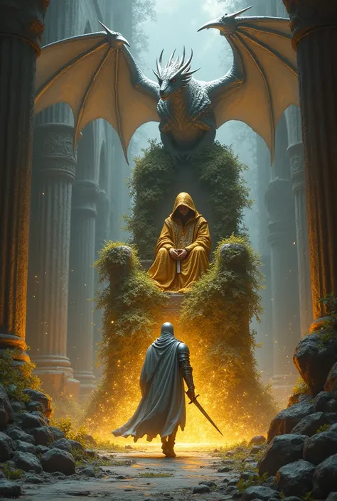 A knight in silver armor holding a sword walks towards a throne full of thorns，The thorns shine with golden light，On the throne sat a pagan in a hood and golden garments.，The entire throne was shattered，A silver dragon hovers above the palace