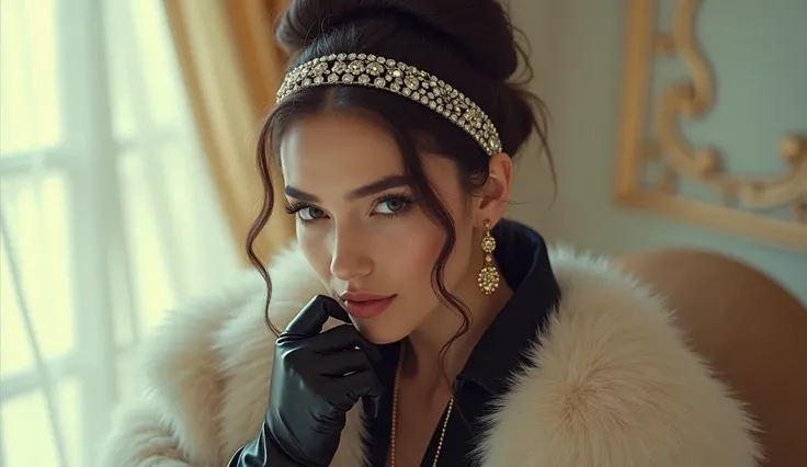 Design a song cover for a track titled Caigo en Ti (Fall Into You). The cover features a glamorous woman with an elegant updo hairstyle, adorned with a bejeweled headband. She is wearing a luxurious fur coat and long leather gloves. The setting is sophisti...