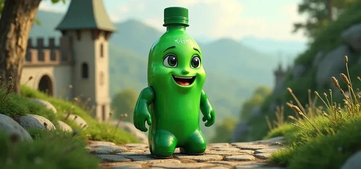  green pet bottle with human features, dollynho soda mascot inside a medieval rpg game
