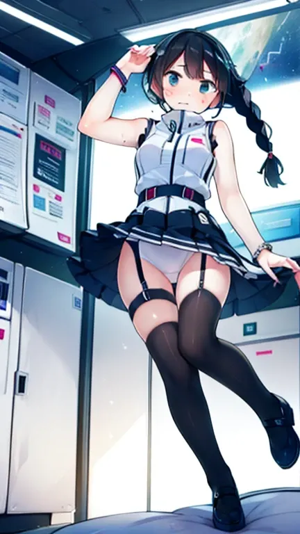 (Highest quality), (masterpiece), 1080P, High resolution, 4K, 8k, Inside the space station、Futuristic room、Thigh straps, Shooting from directly below, The woman on top of me, 白いSweat, Covered , Sweat, Woman looking down, Skirt swimsuit, Thigh-high socks, T...