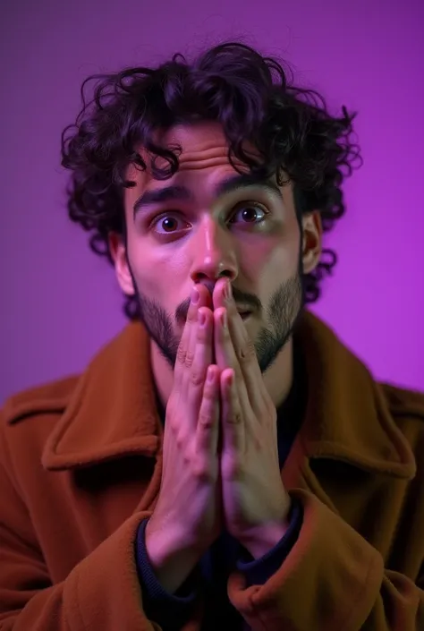 It features a young handsome man with a surprised expression on his face, covering his mouth with his hands. He is wearing a brown jacket and has curly hair. The background is purple