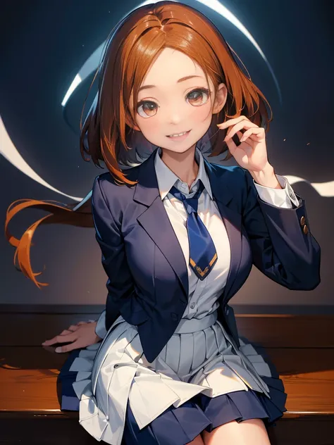 A girl emitting energy from her hands, Chestnut Hair, Bobcut,Half Up Hair,Large Breasts, smile, Droopy eyes, quiet,perspective, height: 165cm,High School Uniform,Navy Blue Blazer,White blouse,Orange ribbon tie,Gray knee-length flared skirt,Anime Style,Knee...