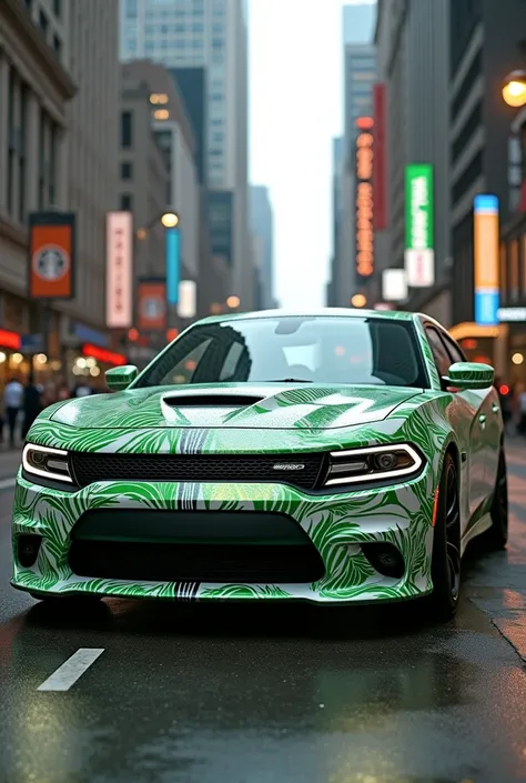 A 2023 dodge charger with a unique starbucks wrap and a shiny green color