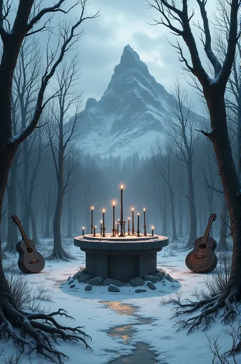 A dark and frozen forest, with bare, twisted trees reaching up into a grey, stormy sky. In the middle, a stone altar covered with black candles and occult symbols, surrounded by broken and rusty musical instruments, like guitars and drums. The ground is co...