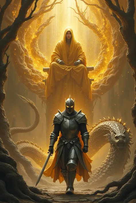 A knight in silver armor holding a sword walks towards a throne full of thorns，The thorns shine with golden light，On the throne sat a pagan in a hood and golden garments.，The entire throne was shattered，A silver Chinese dragon hovers below the image